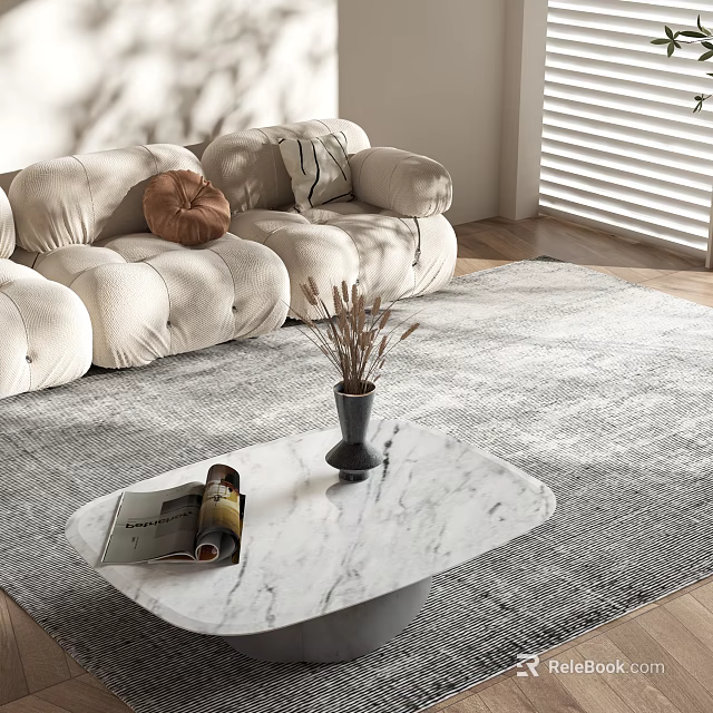 Elegant Coffee Table With Marble Top Featuring Magazine Vase And Dried Flowers By Beige Sofa 3d model 