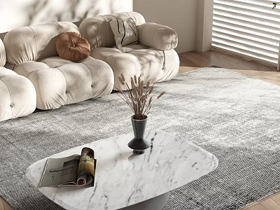 Elegant Coffee Table With Marble Top Featuring Magazine Vase And Dried Flowers By Beige Sofa 3d model
