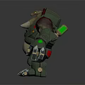 Game Movie Character With Green Armor Red Accents Mechanical Arms And Clawed Hands