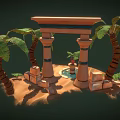 Cartoon Scene of Egyptian Style Arch with Columns Palm Trees and Sand Fountain