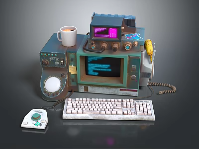 Vintage Computer Setup With Retro Monitor Keyboard Mouse And Code 3d model