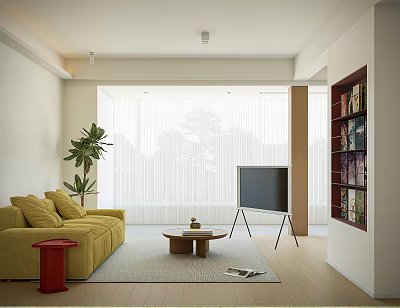 Modern Living Room Interior Design With Yellow Sofa Red Side Table And TV On Tripod 3d model