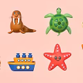 Colorful Ocean Themed Toys Including Walrus Turtle Starfish Submarine And Boat