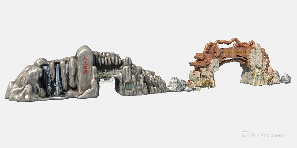 Stone Carved Entrance Gate With Wooden Structure And Decorative Details 3d model 