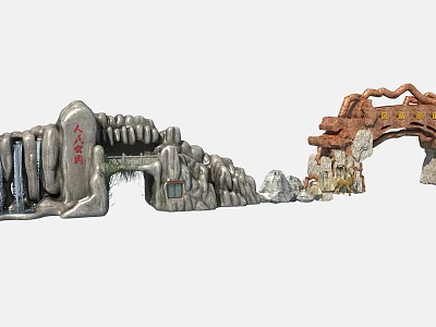Stone Carved Entrance Gate With Wooden Structure And Decorative Details 3d model