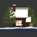Cartoon Winter Scene With Snow Covered Cottage Pine Trees And Happy New Year