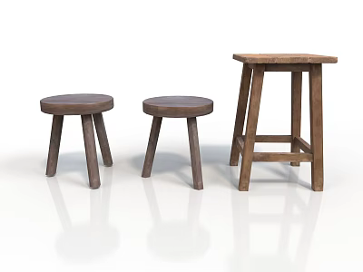 Wooden Furniture Set Including Two Small Round Stools And One Tall Stool 3d model