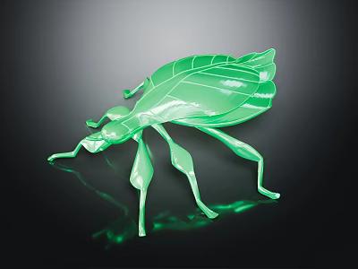 Green Leaf Shaped Insect Model With Glossy Texture On Black Background 3d model