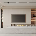 Modern Minimalist TV Wall Design With Wooden Panel Fireplace And Decorative Shelves In Living Room