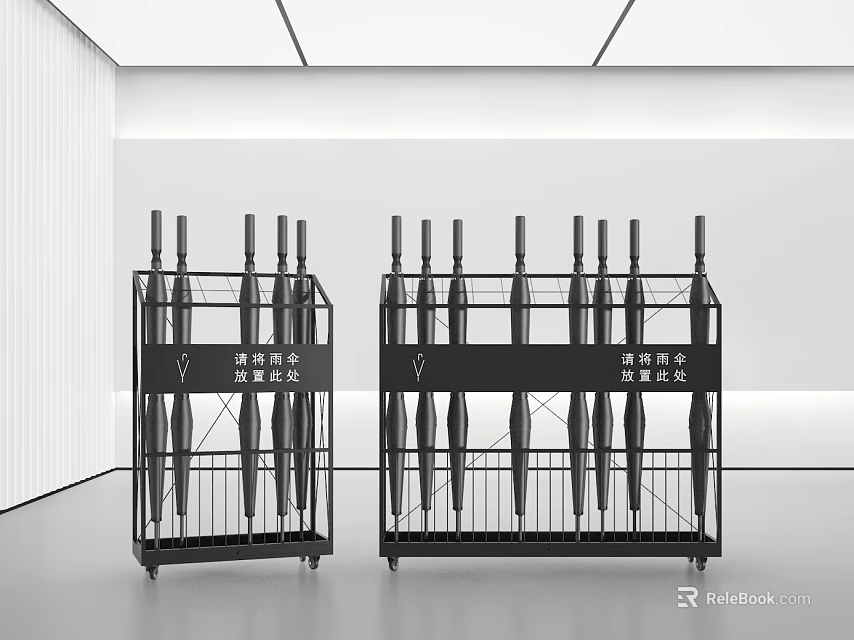 Public Facility Shared Umbrellas Storage With Metal Racks And Display Stand 3d model 