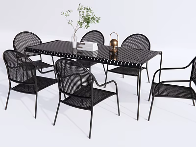 Outdoor Black Rattan Table And Chairs Set With Plant And Candle Holder Decor 3d model