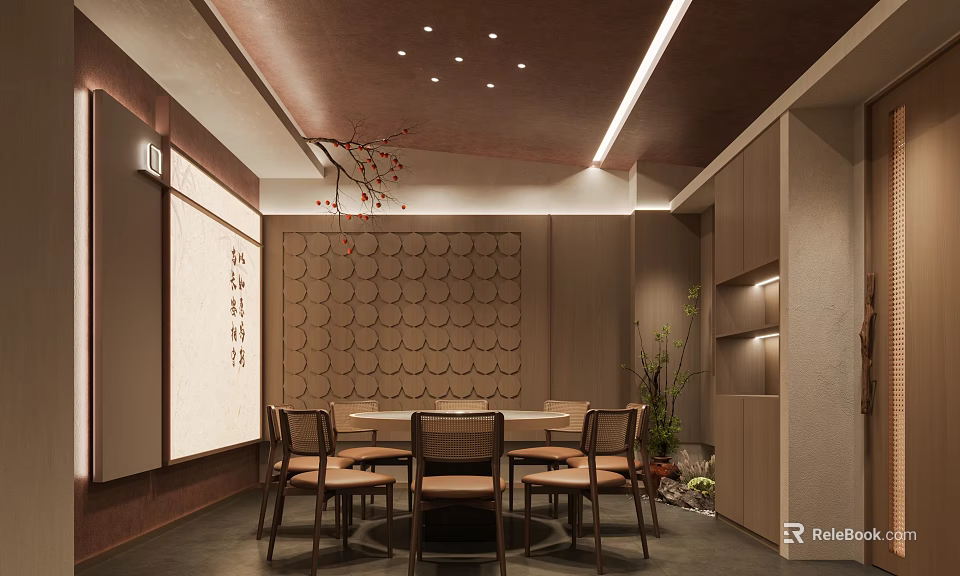 Chinese Style Private Dining Room With Round Table Chairs Circular Pattern Wall And Calligraphy 3d model 