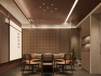 Chinese Style Private Dining Room With Round Table Chairs Circular Pattern Wall And Calligraphy 3d model