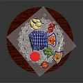 Assorted Food on Wooden Table with Lace Doily Pizza Olives Red Slices and Glass Jars