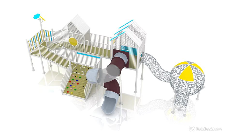 Kids Outdoor Playground Equipment With Slide Climbing Net Playhouse Safety Railings And Colorful Mat 3d model 