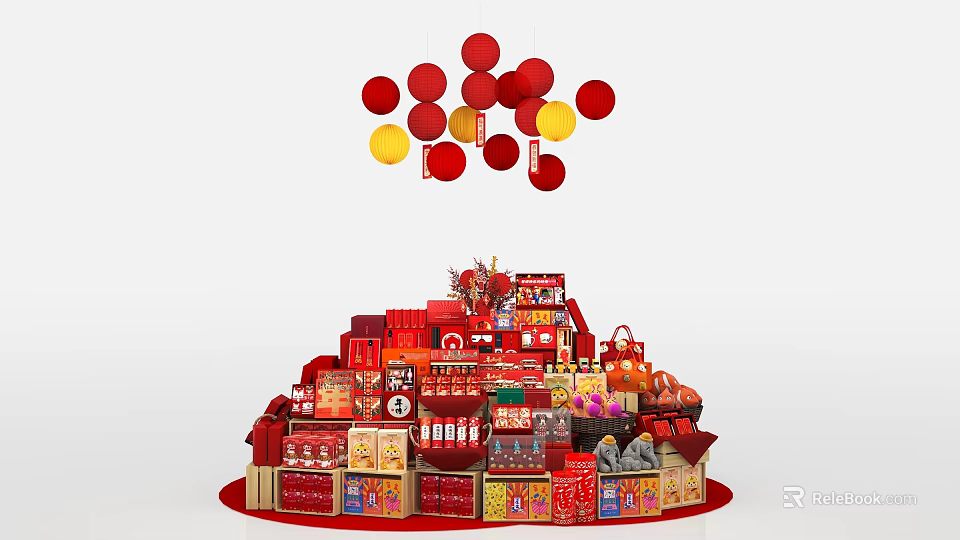 Red and Yellow Lanterns Hanging Over Stacked Red Gift and Food Packages 3d model 