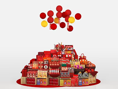 Red and Yellow Lanterns Hanging Over Stacked Red Gift and Food Packages 3d model