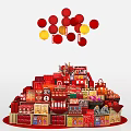 Red and Yellow Lanterns Hanging Over Stacked Red Gift and Food Packages