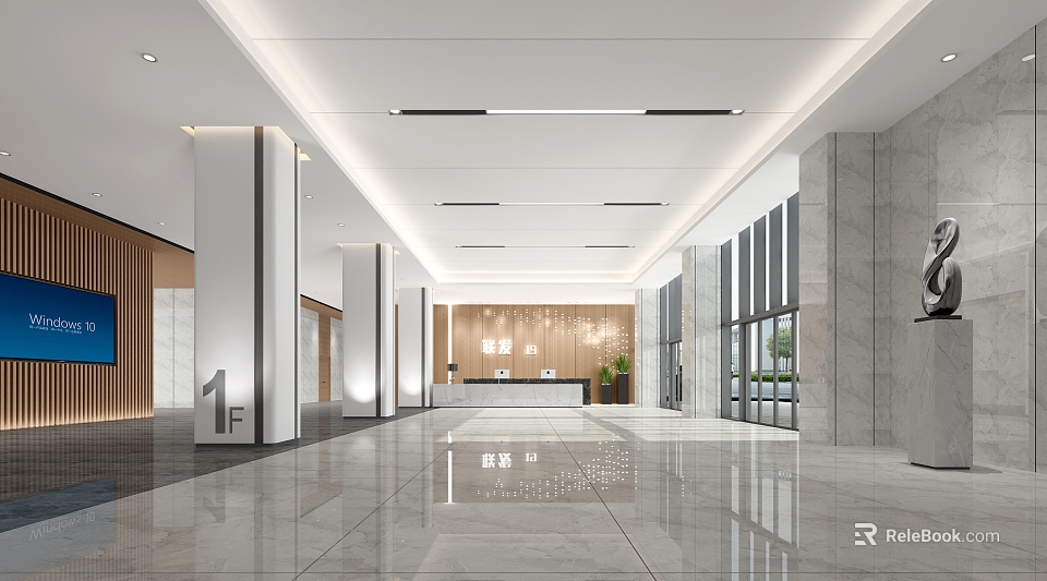 Spacious Modern Hotel Lobby With Marble Floor Tall Columns Elegant Reception Desk And Large Windows 3d model 