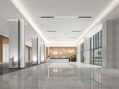 Spacious Modern Hotel Lobby With Marble Floor Tall Columns Elegant Reception Desk And Large Windows 3d model