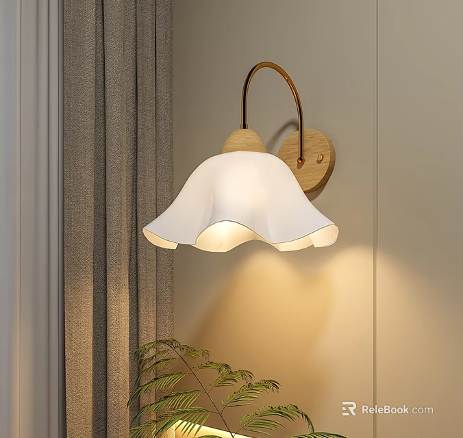 Elegant Modern Wall Light With White Flower Lampshade Gold Base And Gray Curtains 3d model 