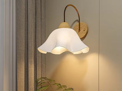 Elegant Modern Wall Light With White Flower Lampshade Gold Base And Gray Curtains 3d model
