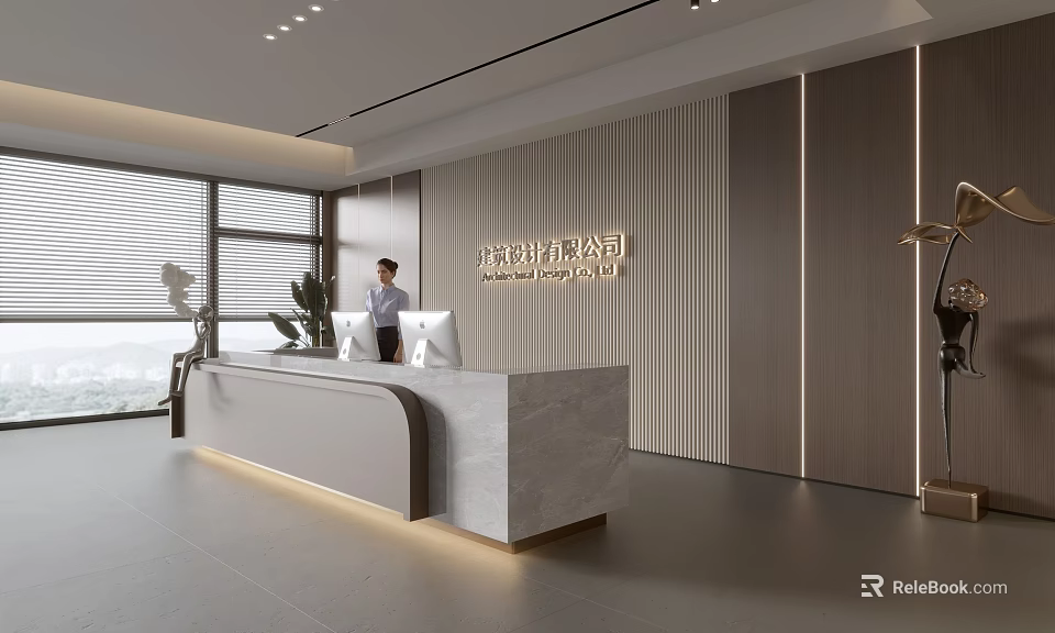 Modern Reception Desk With Marble Countertop Vertical Striped Wall Panel Company Logo And Soft Lighting 3d model 