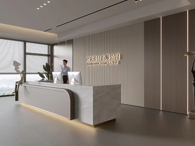 Modern Reception Desk With Marble Countertop Vertical Striped Wall Panel Company Logo And Soft Lighting 3d model
