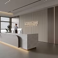 Modern Reception Desk With Marble Countertop Vertical Striped Wall Panel Company Logo And Soft Lighting