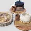 Natural Wooden Household Items Including Plates Mugs Bowls And Lidded Container On Trays