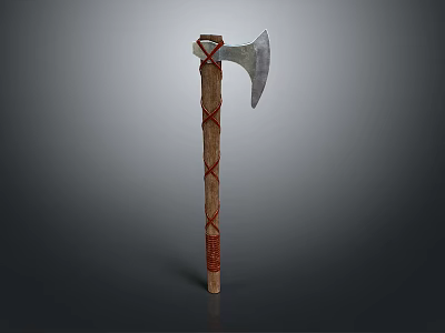Traditional Handcrafted Axe Weapon With Wooden Handle And Red Wrapped Decoration 3d model