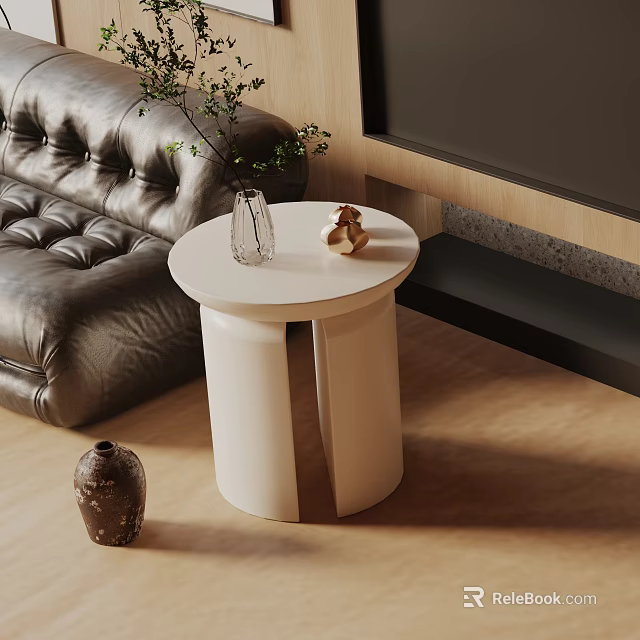 Modern White Side Table With Vase And Small Decoration In Living Room By Leather Sofa 3d model 