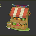 Wooden Fruit Stand with Striped Awning Colorful Pennant Flags Fruits in Compartments and Wooden Barrel