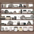 Stylish Dinnerware Set With Various Plates Bowls Cups On Wooden Shelf