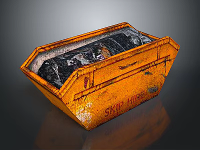 Orange Worn Skip Bin Filled With Black Waste On Dark Surface SKIP HIRE 3d model