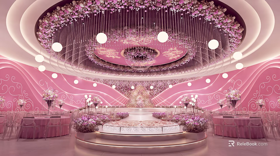 Elegant Pink Banquet Hall With Floral Chandelier Stage And Flower Decorations 3d model 