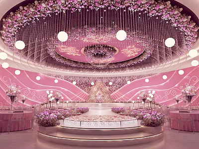 Elegant Pink Banquet Hall With Floral Chandelier Stage And Flower Decorations 3d model