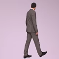 Man walking in gray suit with red tie against light purple background extending right hand