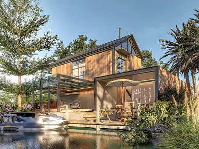 Detached Waterfront Villa With Wooden Structure Glass Elements Outdoor Deck And Boat Among Palm Trees 3d model