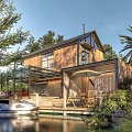 Detached Waterfront Villa With Wooden Structure Glass Elements Outdoor Deck And Boat Among Palm Trees