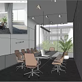 Modern Conference Room Interior With Long Table Chairs Whiteboard Large Window And Potted Plant