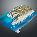 Cartoon Island Scene With Blue Sea Green Vegetation White Buildings And Tower