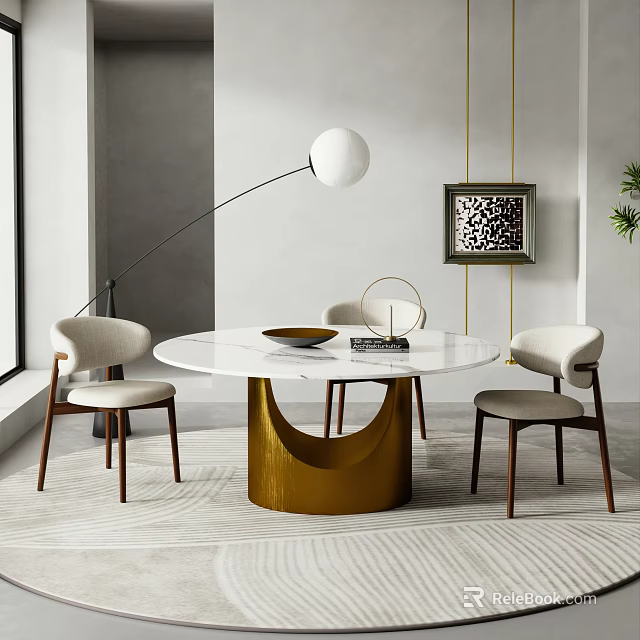 Modern Round Dining Table Set With White Tabletop Gold Curved Base Light Seats Dark Legs 3d model 