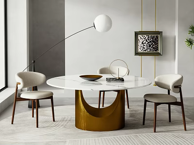 Modern Round Dining Table Set With White Tabletop Gold Curved Base Light Seats Dark Legs 3d model