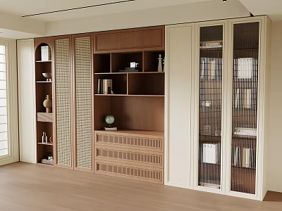 Modern Wooden Bookcase With Open Shelves Glass Doors Drawers And Decorative Items 3d model