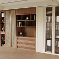 Modern Wooden Bookcase With Open Shelves Glass Doors Drawers And Decorative Items