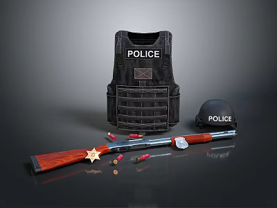 Tactical Police Rifle With Bulletproof Vest Helmet Bullets Badge And Handcuffs 3d model
