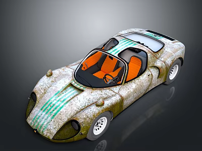 Vintage Sports Car With Green Stripes And Orange Open Top Interior Design 3d model