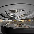 Modern Shopping Mall Lobby Featuring Wooden Strip Ceiling Hanging Lights And Marble Flooring