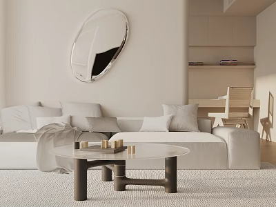 Light Colored Modern Two-seater Sofa With Throw Pillows Glass Coffee Table And Oval Mirror 3d model